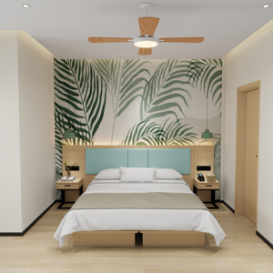 Cadre de lit simple ou double en MDF pas cher avec tête de lit capitonnée et tables de chevet assorties pour hôtel, appartement ou motel économique - Product Image 1
