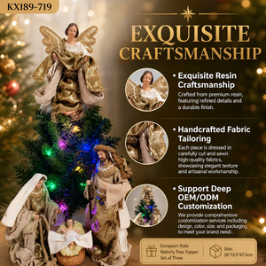 Figurines en résine de la Sainte Famille avec ange, sapin lumineux à LED et crèche de Noël, centre de table - Product Image 2
