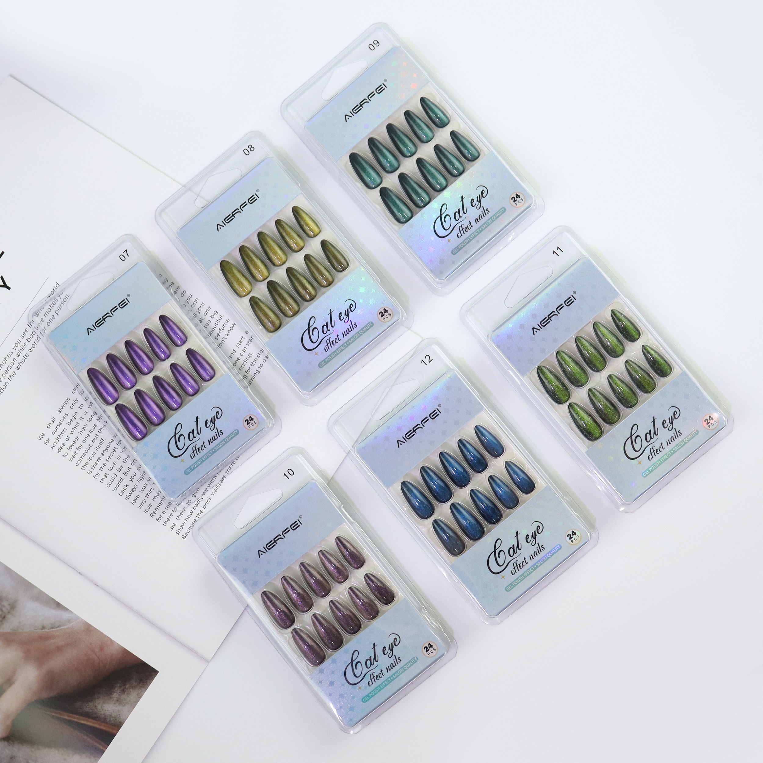AIERFEI Velvety Shiny Cat Eye Nails Long Almond False Nails Tips OEM Private Label Women Nail Tips Gel Polish Effect