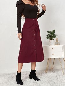 Jupe mi-longue en velours côtelé d'hiver, à simple boutonnage, taille haute, élégante, mode, bureau, femme, jupe longue noire, jupe décontractée pour femmes, 2022 - Product Image 3