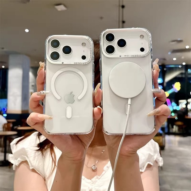 Bling Crystal Diamond Camera Border Clear Magnetic Phone Case Anti-drop Transparent Wireless Charging Case for iPhone 17 Pro Max
