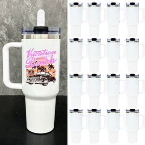 Blank Sublimation Macaroon White 40oz Stainless Steel Leak Spill Proof Tumbler Cups Mug with Removable Flip Straw Lid - Product Image 1