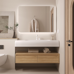 Meuble-lavabo minimaliste en bois avec vasque, meuble-lavabo suspendu avec comptoir intégré et <span class=keywords><strong>miroir</strong></span> intelligent - Product Image 1