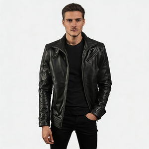 Veste en <span class=keywords><strong>cuir</strong></span> pour <span class=keywords><strong>homme</strong></span> à col zippé, multi-poches, avec logo brodé personnalisé, style moto, décontractée, tendance, pour le travail, OEM - Product Image 1