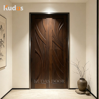 Puerta Doble Interior de Madera Maciza Tallada en 3D con Diseño de Nogal, Puerta Doble Abatible de Madera con Relieve, Tamaño Personalizado