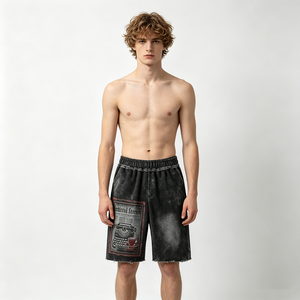 Shorts <span class=keywords><strong>de</strong></span> survêtement délavés pour hommes, en coton épais, avec imprimé graphique journal et machine à écrire, pour l'été, fournisseur en gros - Product Image 1