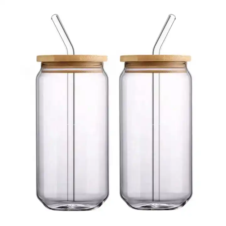 Can-Shaped Glass with Glass Straw and Bamboo Lid