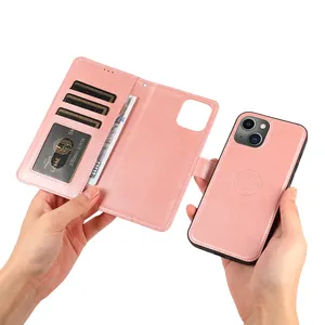 Funda plegable de cuero magnético desmontable 2 en 1 para iPhone, funda tipo billetera de cuero PU para iPhone 15 14 13 12 11, funda para teléfono