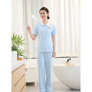 Women Medical Uniform Set Short Sleeve White Top Light Blue Pants Moisture Wicking For Beauty Spa Nail Salons - Product Image 2