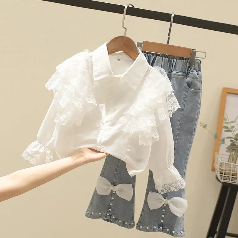 Комплект одежды для девочек, осень-весна 2022, новая Однотонная рубашка с длинным рукавом и джинсовые брюки, модная детская одежда из 2 предметов