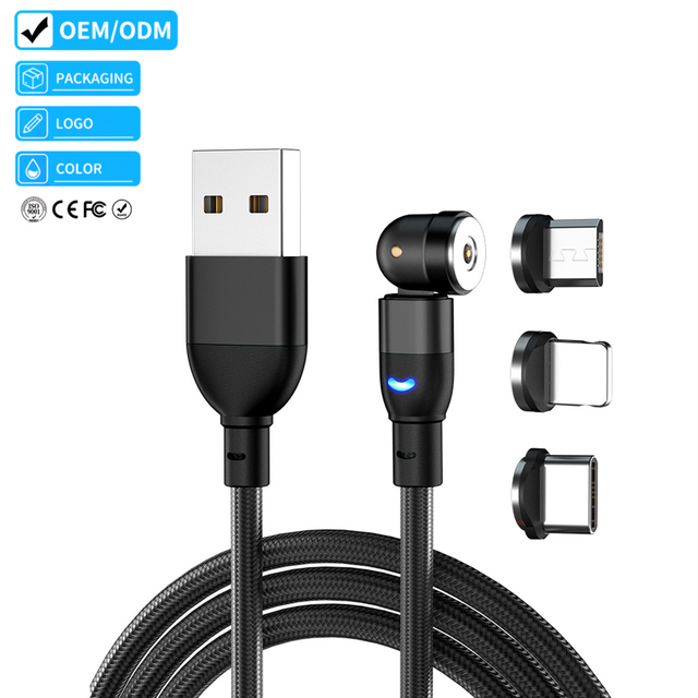 Justlink 3-in-1 540° Rotating Magnetic Charging Cable 3A Fast Charge Nylon Braided with LED for iPhone Type-C Micro USB