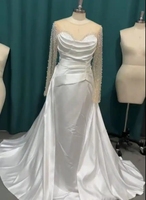 2024 nouveauté robe de mariée sirène à manches longues avec queue détachable perles Satin robe de mariée élégante robe de mariée