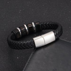 <b>Leather</b> <b>Bracelet</b> Magnetic Stainless Steel Men's Cuff Geometric Design Gift Jewelry 7.5 8.5 9 Inches - Product Image 3