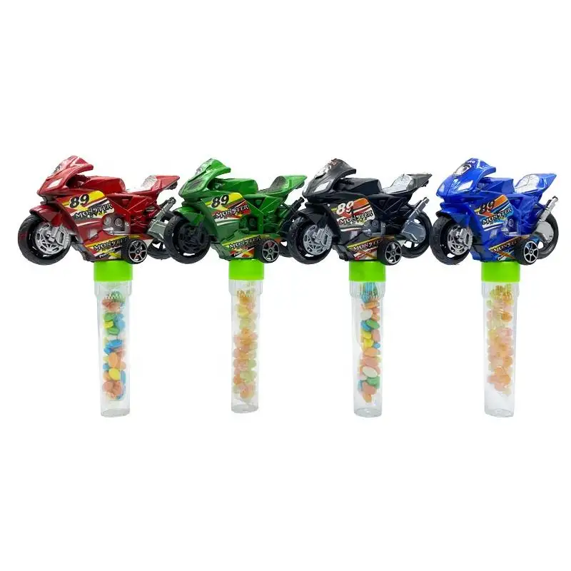 Snel Verkopende Mini Candy Speelgoed Pull Back Motorfiets Plastic Buis Gevuld Snoep