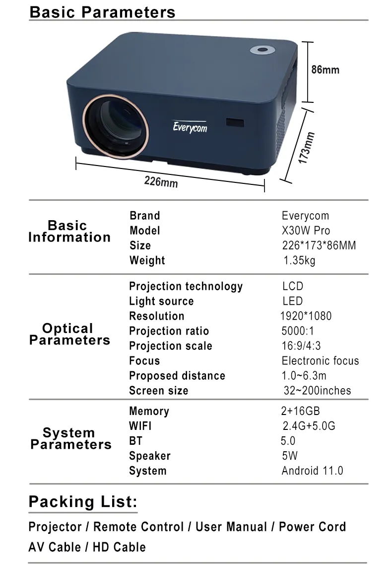 Everycom X30W pro pico smart proyector tv hd android video home лучший портативный 1080p проектор для фильмов