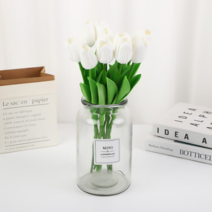 Mini tulipe artificielle, vase en verre blanc, décoration pour la maison, mariage - Product Image 1