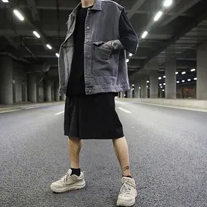 OEM düz renk yıkanmış soluk vintage sıkıntılı kot yelek erkekler stok moda gevşek hip hop streetwear cepler kargo kolsuz