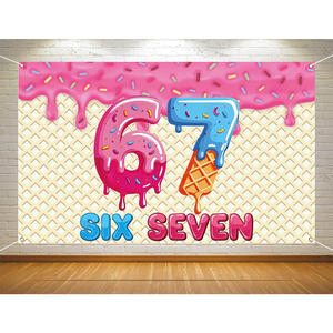 Toile de fond personnalisable pour anniversaire sur le thème des Mèmes 6 7, avec décorations amusantes de beignets et glaces, bannière de fête - Product Image 1