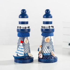 Décoration de phare en bois en gros, statue de phare avec filet de pêche, coquillage, ancre, roue de bateau, mini voilier, ornement de table - Product Image 3