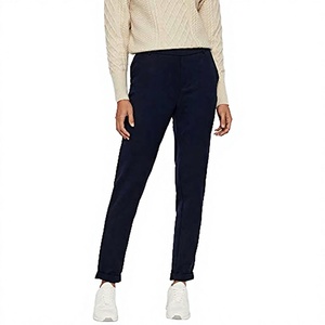 Pantalon en coton bleu marine pour femme, coupe droite, taille mi-haute, ceinture élastique, décontracté, longueur intégrale, couleur unie, pour l'automne - Product Image 3