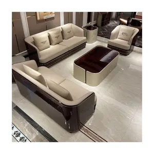 High class modern leather sofa set living room furniture Bently series best quality burr wood veneer sofa for home office luxury
