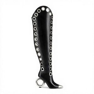 Bottes hautes pour femme BaiHu, style punk, à bout carré, talon épais, avec fermeture éclair latérale, découpes ajourées, sexy, en fibre superfine - Product Image 2