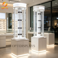 Présentoir vertical autoportant en bois pour lunettes de soleil avec enseigne LED pour magasin d'optique et aménagement de vente au détail