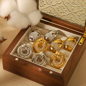 Diamond Earrings <b>Titanium</b> Steel 18k Gold Plated Round Brilliant Cut Geometric Elliptical <b>Ring</b> Women's Everyday Wear - Product Image 1