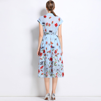 Robe décontractée élégante pour femme, bleue, à fleurs, avec ceinture, nouvelle mode, été, manches courtes, longueur midi, lavable, imprimé numérique, naturelle