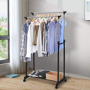 <span class=keywords><strong>Perchero</strong></span> con altura ajustable Fabricado en acero inoxidable y plástico con ruedas Burro de dos barras con estante con rueda - Product Image 6