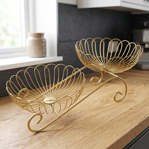 Panier de rangement métallique à double niveau, rond, en acier inoxydable, design minimaliste pour l'organisation du salon - Product Image 5