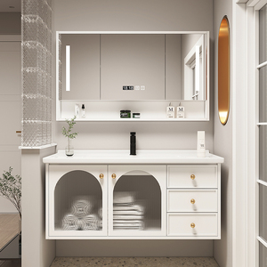 Muebles de baño modernos color crema, lavabo y gabinete combinados, gabinete de pared para baño - Product Image 1