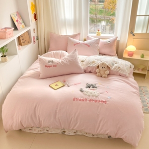 Nuovo Set di Biancheria da Letto in Cotone Lavato di Grado A con Ricamo Applicato, Copripiumino e Lenzuola Delicati sulla Pelle <span class=keywords><strong>per</strong></span> Casa e Dormitori - Product Image 4