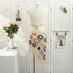 New Products Crochet Skirt And Top Set Girls Bikini Swimsuits Swimwear V-Neck Bohemian Suit