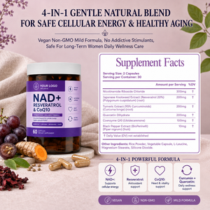 Suministro Directo de Fábrica, Cápsulas de Bienestar Femenino con Certificación HALAL, Complejo Natural 4 en 1: NAD, Resveratrol, CoQ10, Quercetina y Curcumina - Product Image 5
