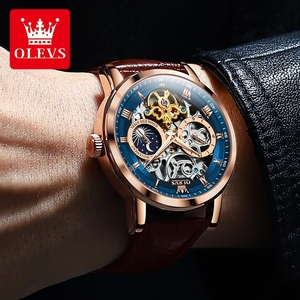 Montre mécanique squelette OLEVS pour homme, étanche, bracelet en cuir, phase de lune, automatique, tourbillon, pour livraison directe - Product Image 5