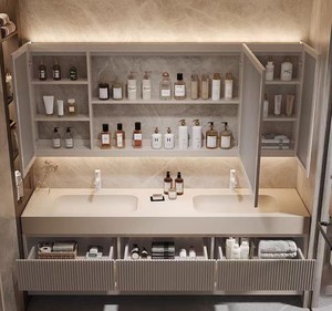 Light Luxury <b>Square</b> <b>Mirror</b> Bathroom Cabinet Smart Storage Cabinet White Top Double Sink Wall-Mounted - Product Image 1