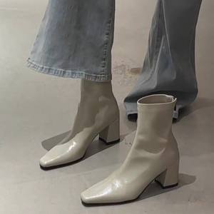 Bottines élégantes en cuir véritable de style français pour femmes, version en cuir de vachette, talon haut, bout carré, polyvalentes - Product Image 3