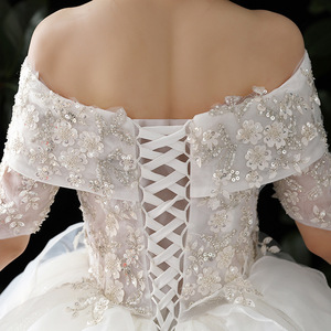 Off Shoulder Train Wedding Dress High Waisted Ball Gown Sweetheart Neckline <b>White</b> <b>Lace</b> For Brides Petite Women Lightweight - Product Image 4