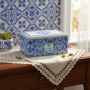 Kontensan ER0588L 170x260x100 mm Rectangular Metal Storage <b>Box</b> Slip <b>Lid</b> 5.1L Capacity Azulejo-Inspired Blue White <b>Decorative</b> - Product Image 3