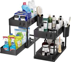 2 livelli sotto il lavandino estraibile organizzatore di stoccaggio in plastica per cucina e bagno ripiano organizzatore Rack con ganci appesi - Product Image 1