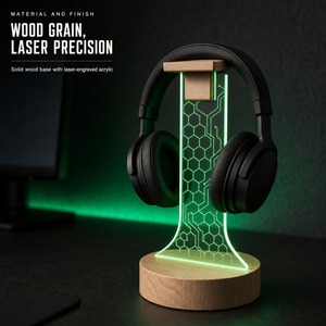 Support de casque de jeu personnalisé Bodyfree avec logo, panneau lumineux en acrylique, base en bois de 10 cm, support de bureau RGB, fabricant en gros - Product Image 3
