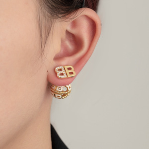 MUYU Double Letter Stud <b>Earrings</b> Gold Micro Insert 14k Gold <b>Post</b> Party Fashion Jewelry - Product Image 4