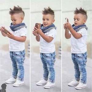 E2woo Children Wear European and American Boys Handsome Short-Sleeved Shirt + <b>Jeans</b> Kid Three Piece Suit - Product Image 3