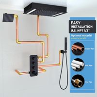 Système de douche thermostatique à double tête LED avec vanne de dérivation à 3 voies, construction en laiton, 14x20 pouces, noir mat