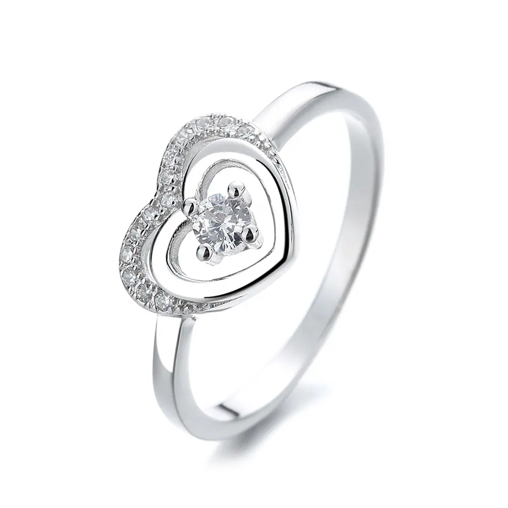 New Fashion Heart-Shaped Love Band Double Heart Ring Cubic Zirconia 925 Silver Engagement Ring For Girls
