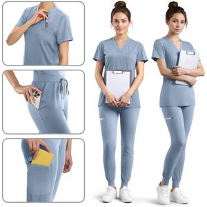 FOXA <b>Women</b> <b>Scrubs</b> V-Neck Top And Jogger Pants Cotton Blend Hospital Uniform Set With Utility Pockets - Product Image 4