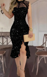 <span class=keywords><strong>Abito</strong></span> <span class=keywords><strong>midi</strong></span> nero con <span class=keywords><strong>paillettes</strong></span> e colletto in pizzo, senza maniche, con orlo asimmetrico, per feste, da donna - Product Image 3