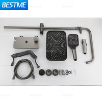 Ensemble de douche à effet pluie en aluminium poli argenté avec barre coulissante, mitigeur monocommande finition chromée et cartouche céramique pour hôtels, appartements et villas