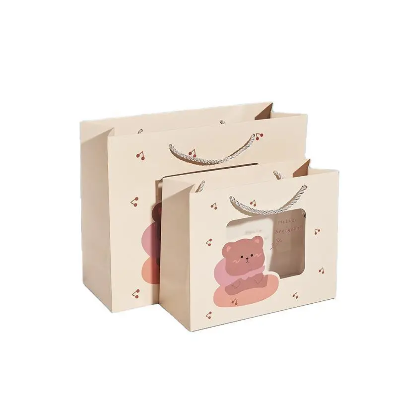 Commercio all'ingrosso carino sacchetto di imballaggio logo personalizzato rosa sacchetti di carta regalo con finestra in pvc